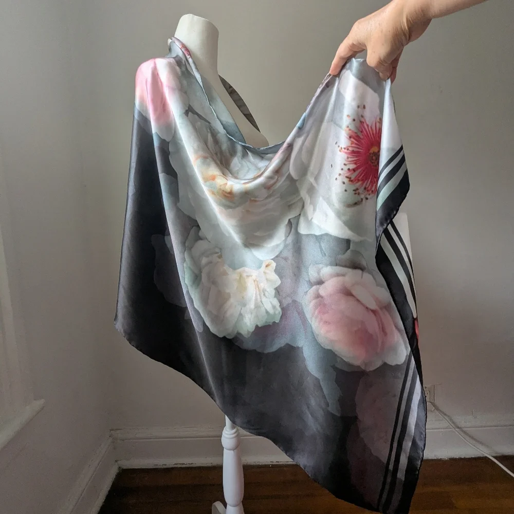 Ted Baker Silk Extra Large Botanical Floral Scarf Gray Pink